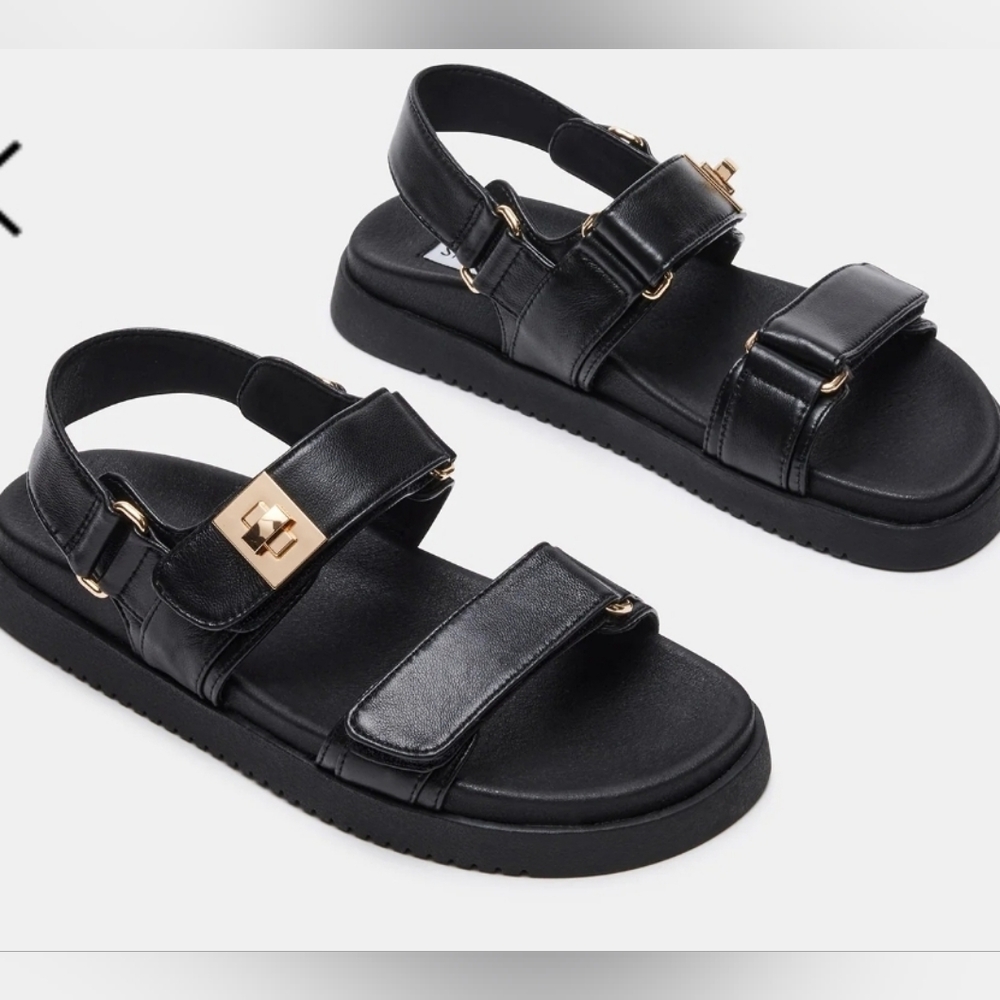 Steve Madden Mona Black Sandals with Gold Accents